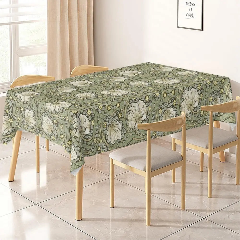 nappe fleurs stylisées art nouveau vert clair blanc rectangle polyester réutilisable table mangercoration festive