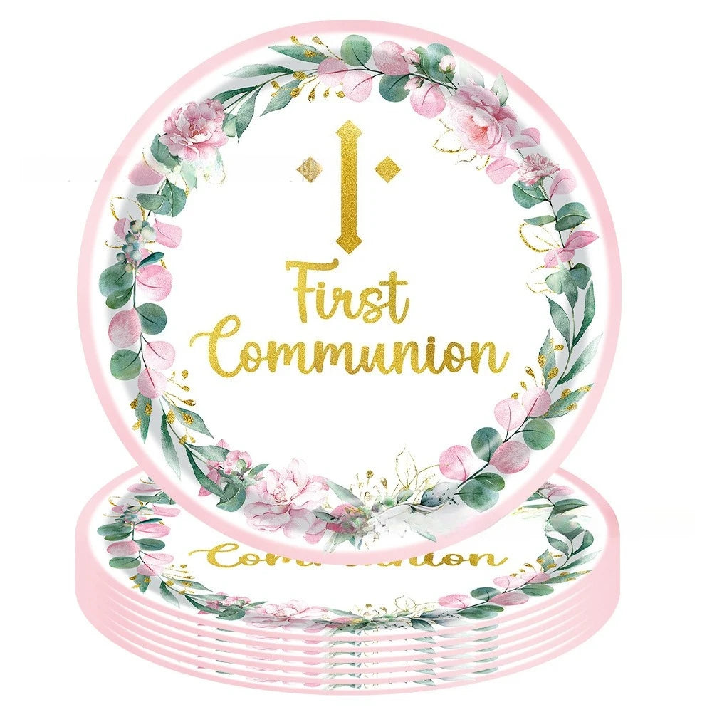 assiettes jetables thème eucharistique croix dorée fleurs mariage baptême anniversaire fêtes enfants