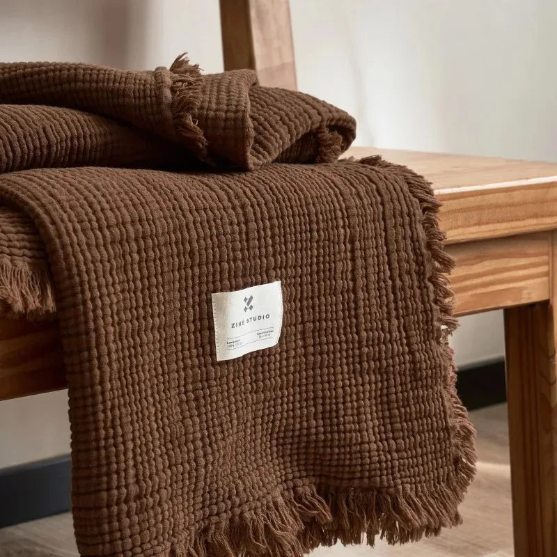 couverture coton gaufrée plaid rustique frangée chaleureuse voyage été hospitalière maison