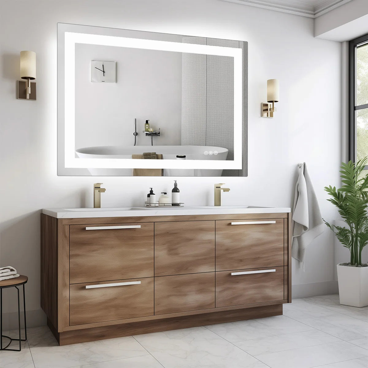meuble salle bain moderne vasque encastrable led blanc texture bois marbre étagères accessoires minimaliste