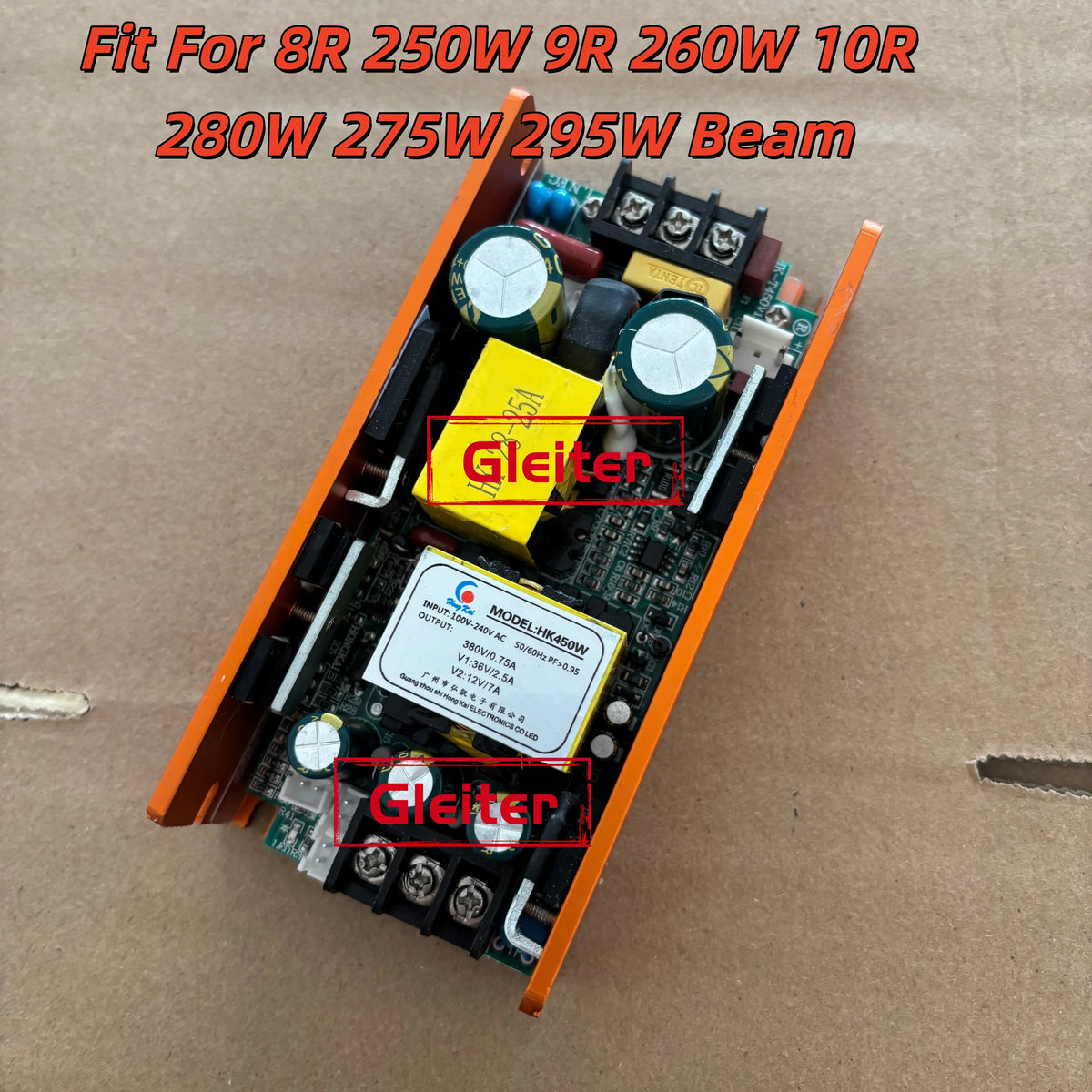 transformateurs alimentation projecteurs scène lampes faisceau mobiles circuits imprimés condensateurs bobines orangers grisés jaunes