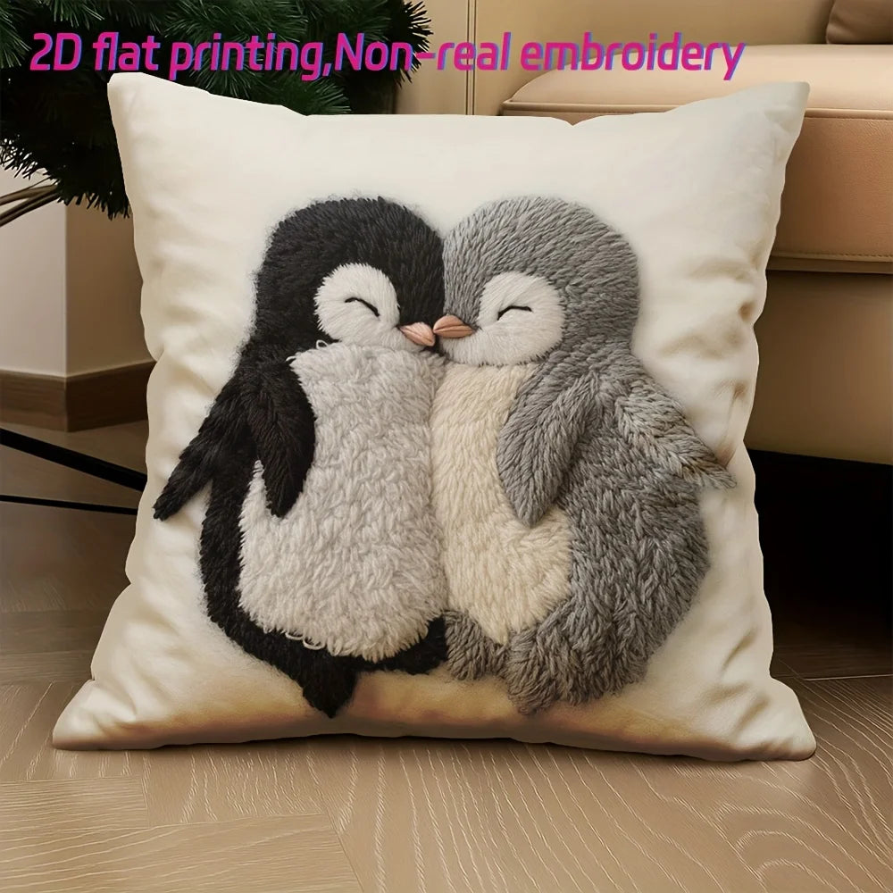 housse coussin penguins relief polyester moderne décoration maison salon chambre zip 40x40cm 45x45cm blanc
