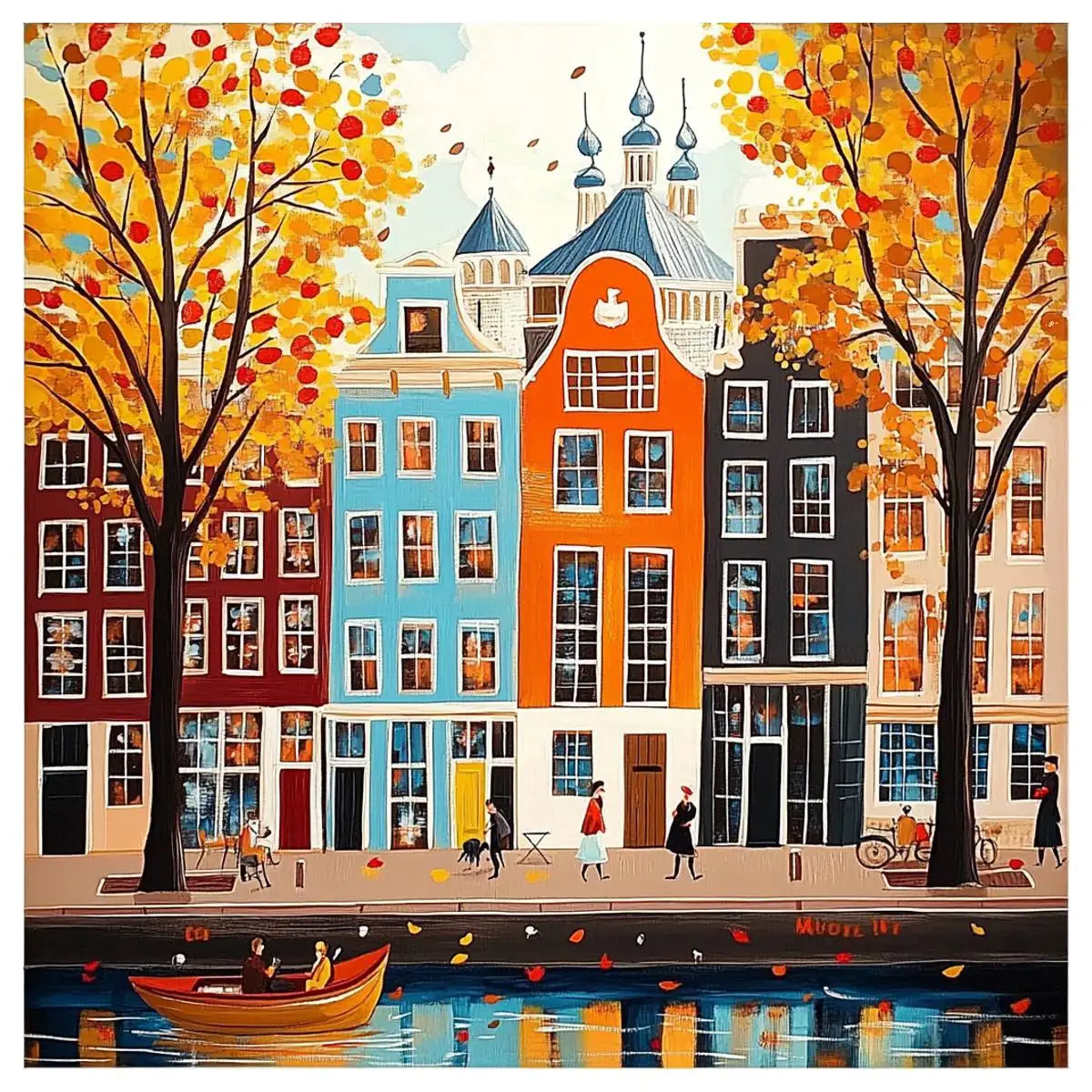 tableau peinture motifs urbains automne personnes bateau contemporain instructions aiguilles tissu brodé