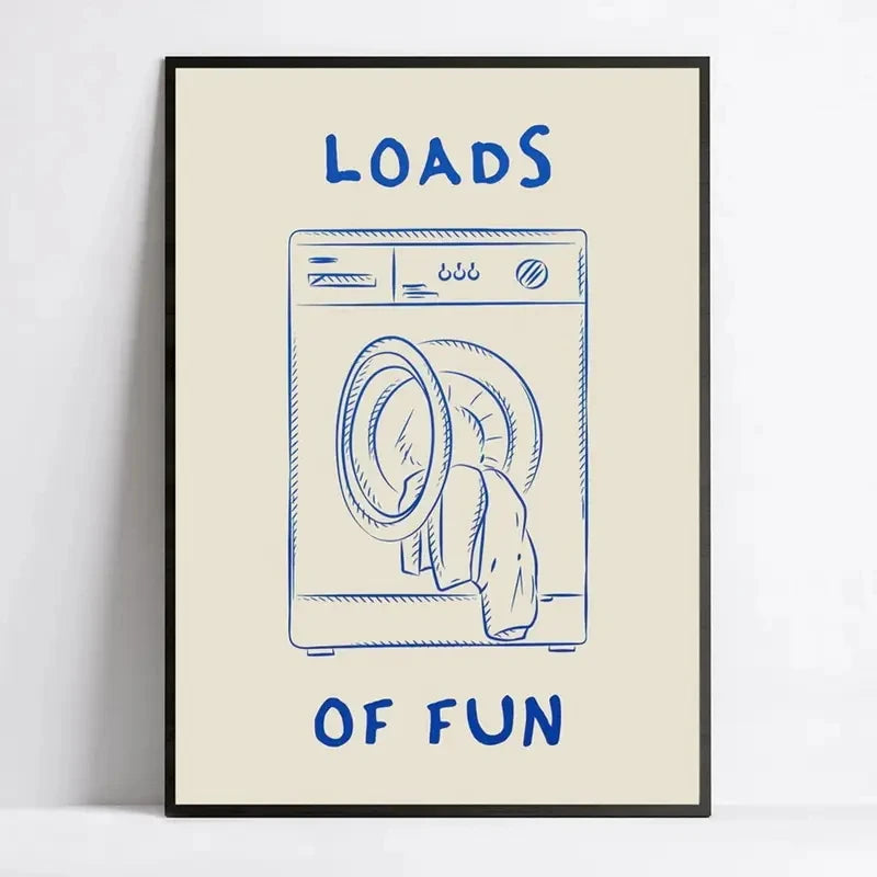 affiche graphique loads of fun machine laver blanche bleue noire decoration humoristique salon maison
