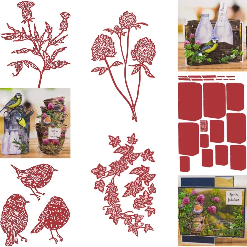 cartes postales 3d illustratives animaux fleurs oiseaux barbelés boîte lettres bouteilles herbe rouge vert