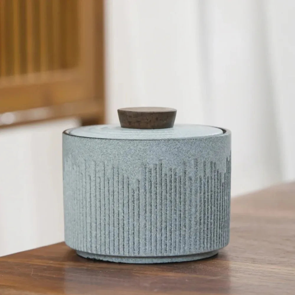 pot thé céramique vert rayures moderne couvercle bois rangement hermétique collations portable
