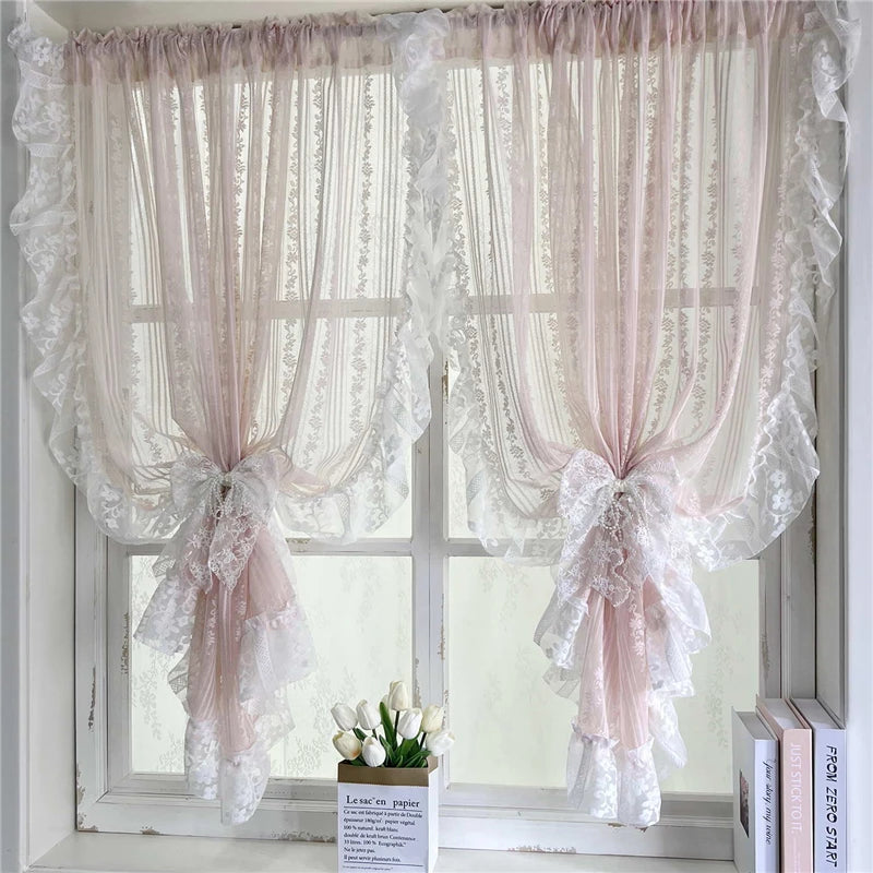 rideau rose clair dentelle franges romantique vintage polyester translucide extérieure fenêtre chambre coucher
