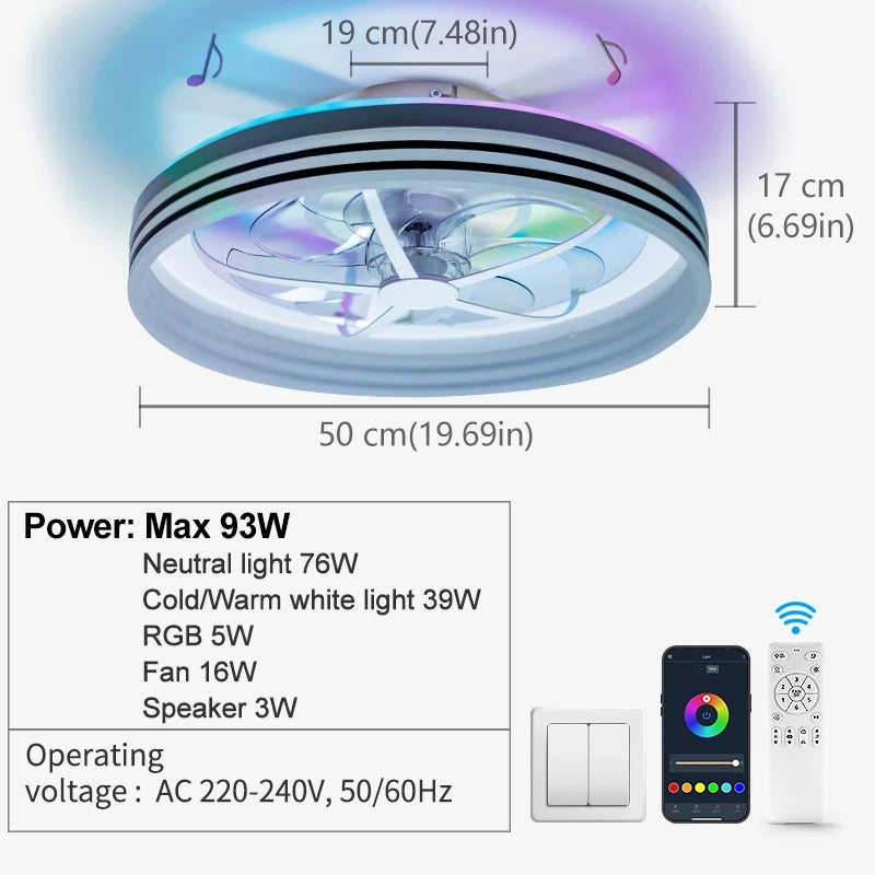 ventilateur lumière led télécommande modes modernes variateur intelligent salon chambre