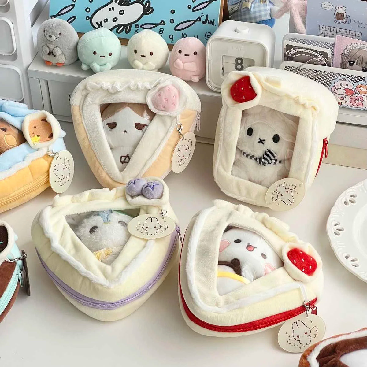 sac poupées gâteau kawaii fenêtre transparente doublure pelucheuse couleurs vives ours pendentif figurines collectionnement
