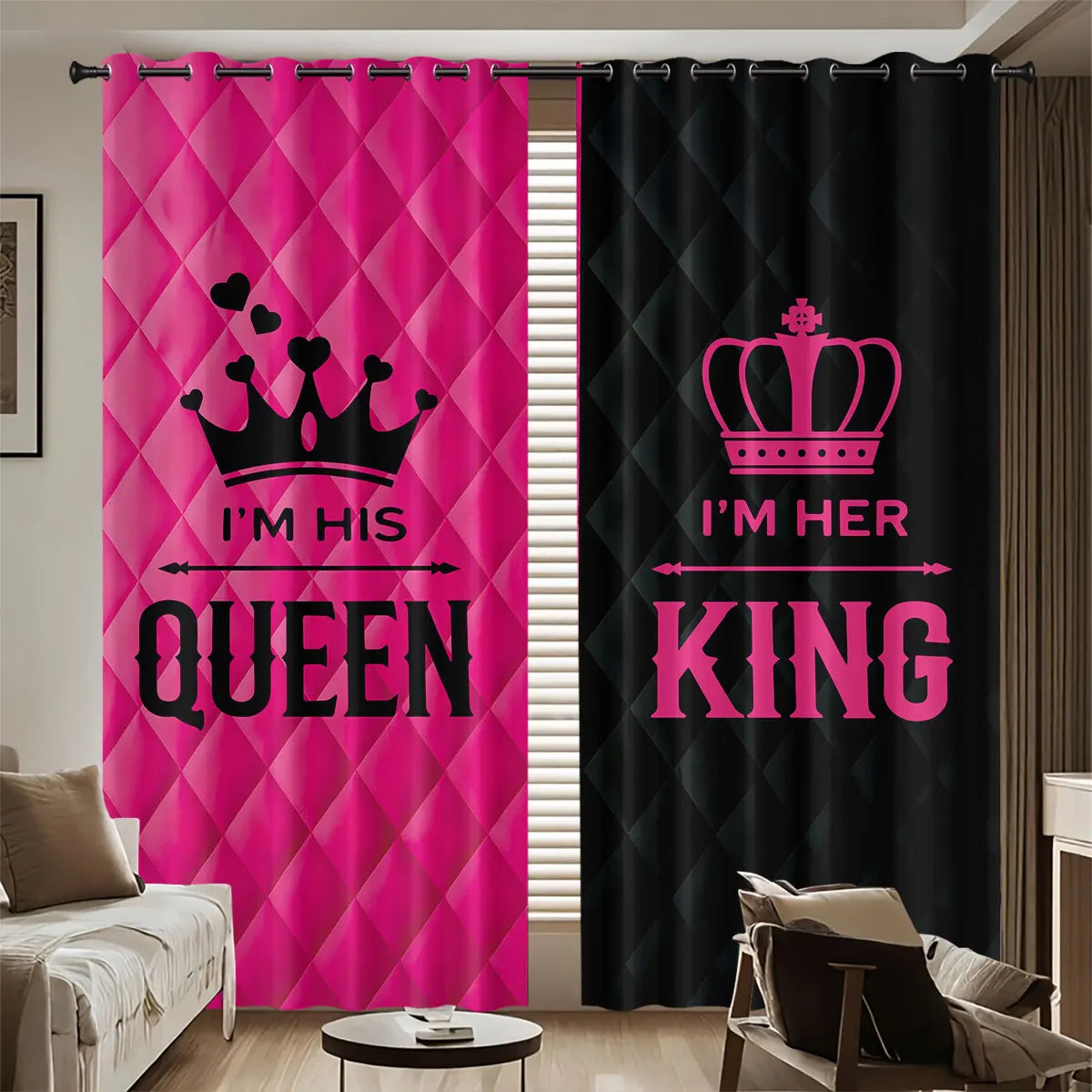 rideaux moderne rose vif noir quilted couronnes mots opaques anneaux métalliques salon