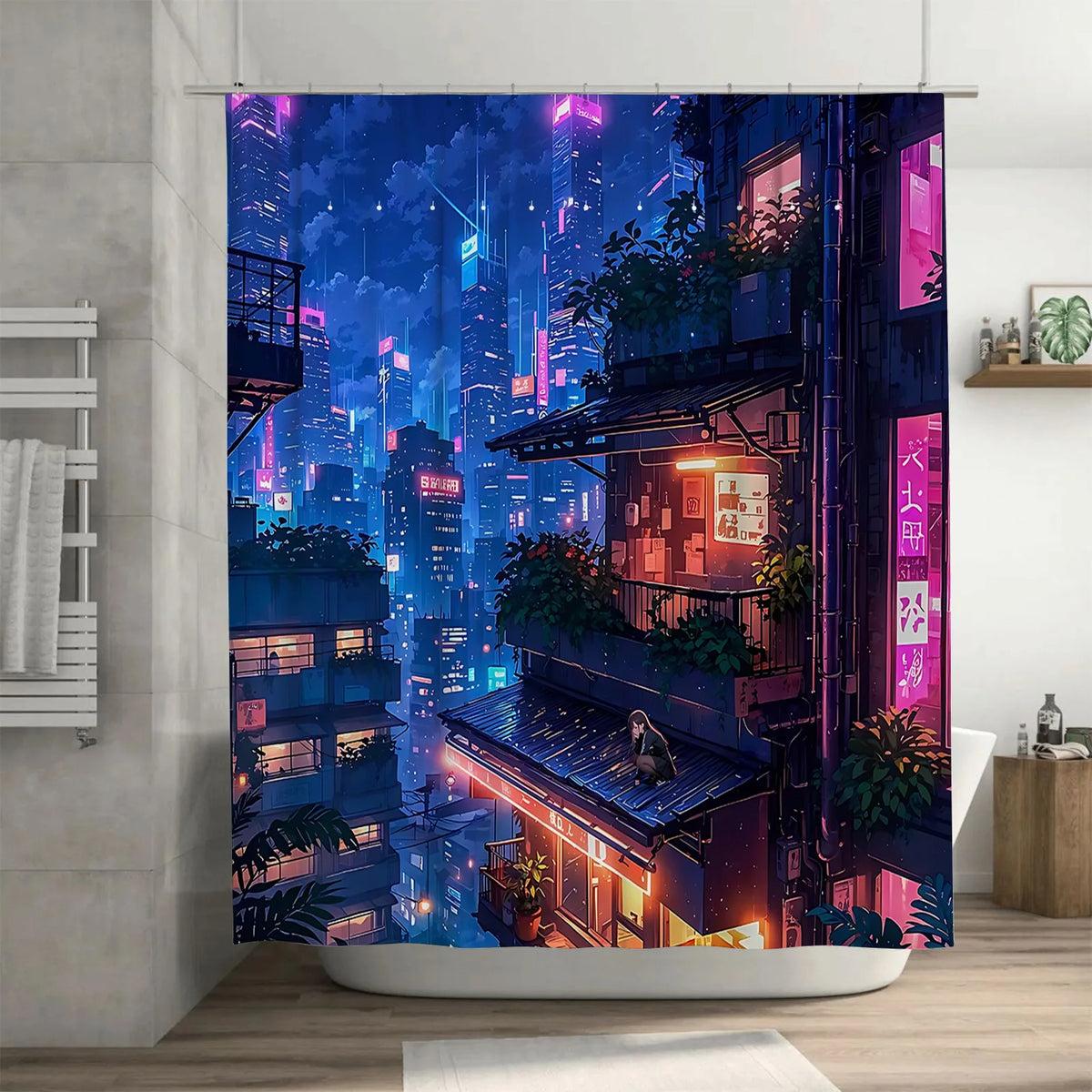 rideau douche cyberpunk illustration urbaine polyester moderne respectueux environnement bleu foncé violet orange rouge