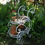 support mobile fleurs étagère métal vintage deux niveaux roues blanc gris bleuté Pods différentes