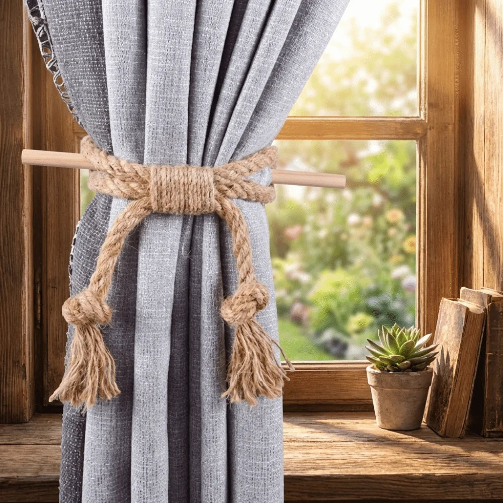 rubans fenêtre tissés rustiques coton bleu gris blanc anneaux bois decoration bohème