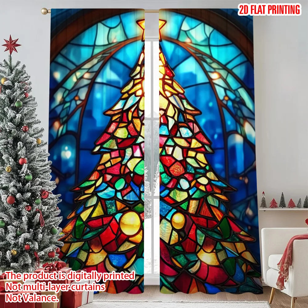 rideau multicolore arbre noël motifs géométriques moderne opacité polyester deux panneaux