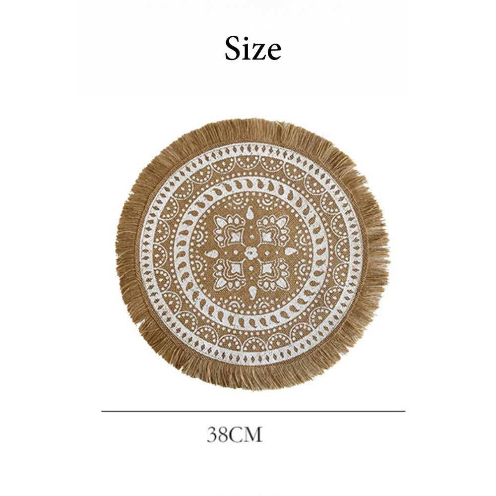 tapis table boho chic rond motif ethnique franges beige noir vintage respectueux environnement 38cm