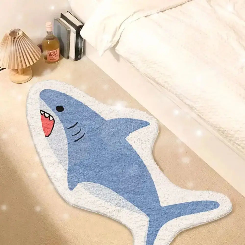 tapis doux moderne requin souriant bleu blanc antidérapant intérieur extérieur 80x120cm