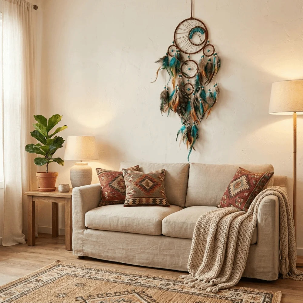 décoration murale attrape rêves boho chic plumes colorées textiles marron bleu gris