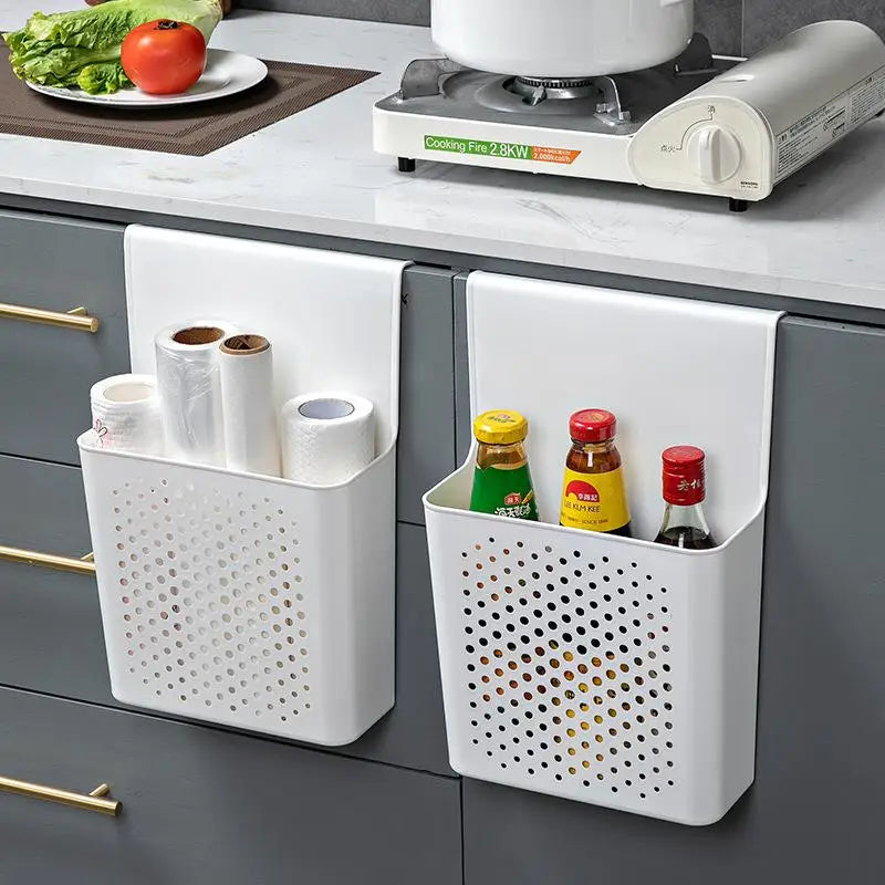 paniers rangement blancs perforés adhésifs modernes organisateurs cuisine outils stockage multifonctionnels