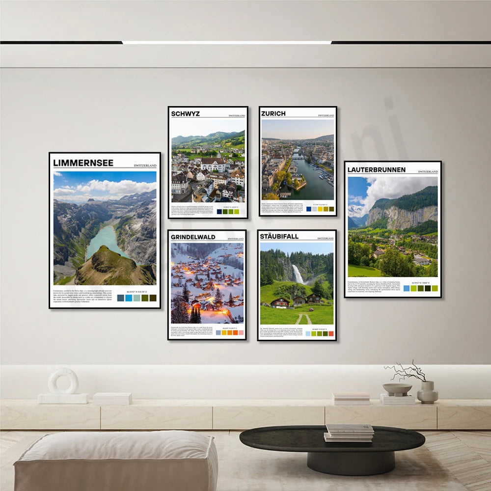 Ensemble de six affiches encadrées mettant en valeur différents paysages et destinations pittoresques de Suisse, notamment le Limmernsee, Schwyz, Zurich, Grindelwald et Staubfall.