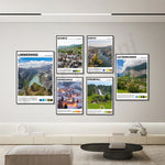 Ensemble de six affiches encadrées mettant en valeur différents paysages et destinations pittoresques de Suisse, notamment le Limmernsee, Schwyz, Zurich, Grindelwald et Staubfall.
