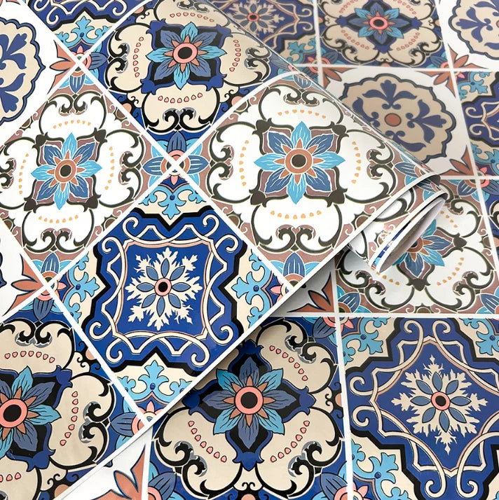 autocollants decoratifs floral geometrique resistant eau facile nettoyage mur cuisine bleu beige rouge ethnique