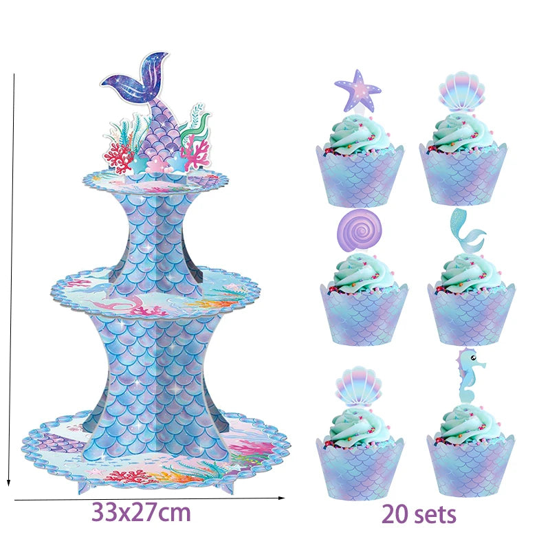support gâteau tour sous marine cupcakes coques poissons coraux bleu rose violet pastel festive