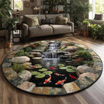 tapis rond moderne paysage aquatique poissons rochers lotus coquillages vert gris blanc bleu orange