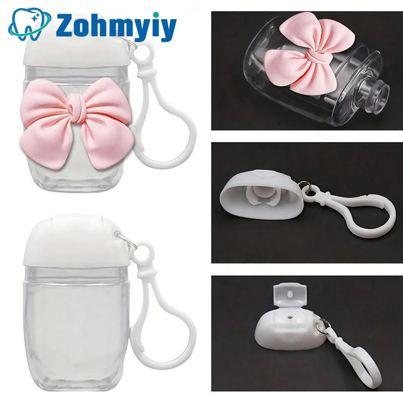 flacon gel hydroalcoolique transparent rose ruban noeud clip moderne rechargeableextérieur