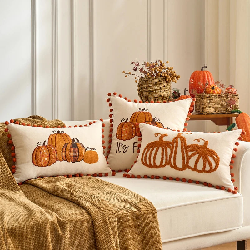 taies d'oreiller automnales citrouille feuilles érable rustique velours polyester non toxique respectueux environnement decoration
