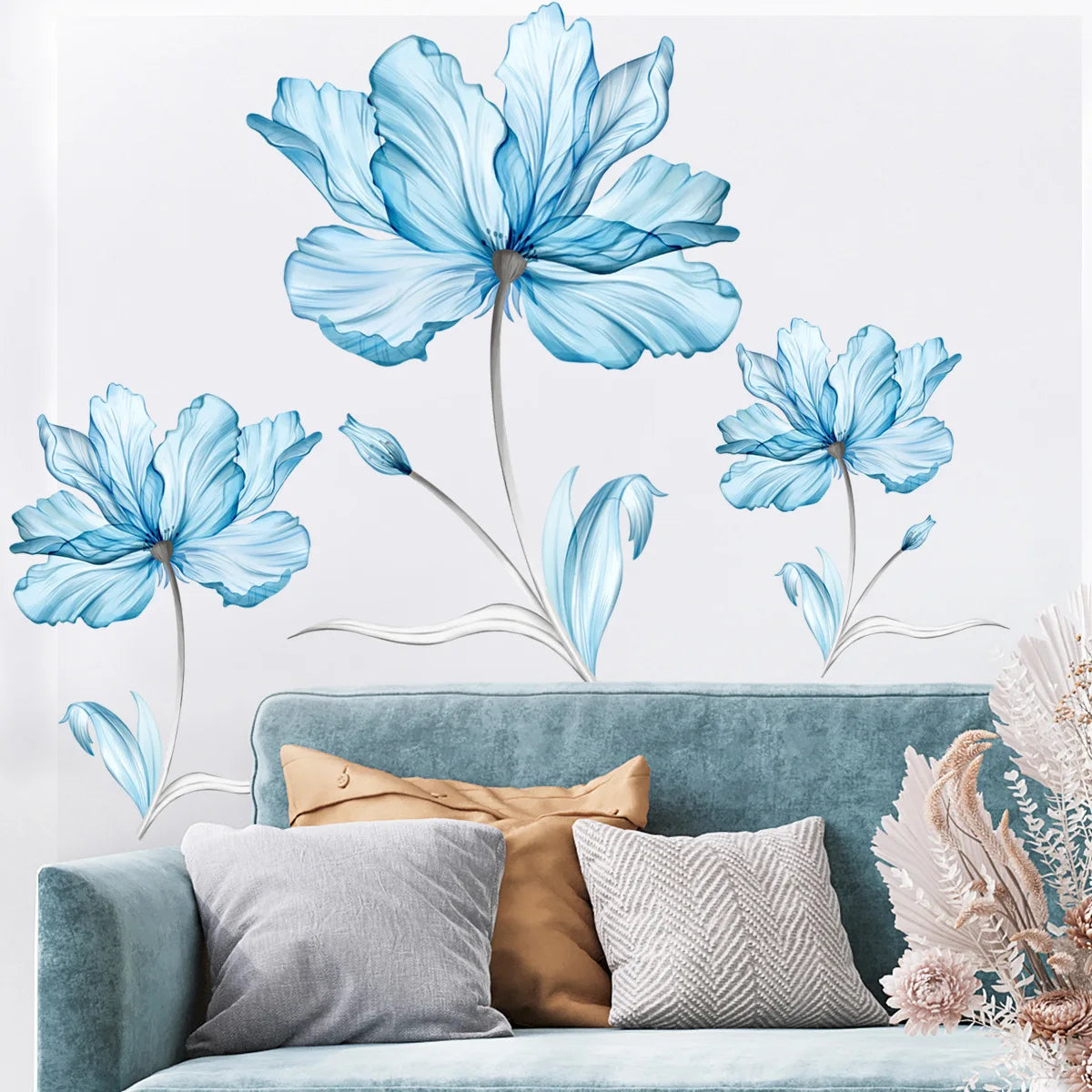 sticker mural fleurs bleu clair gris artistique adhésif salon décoration intérieure fleur feuilles délicate
