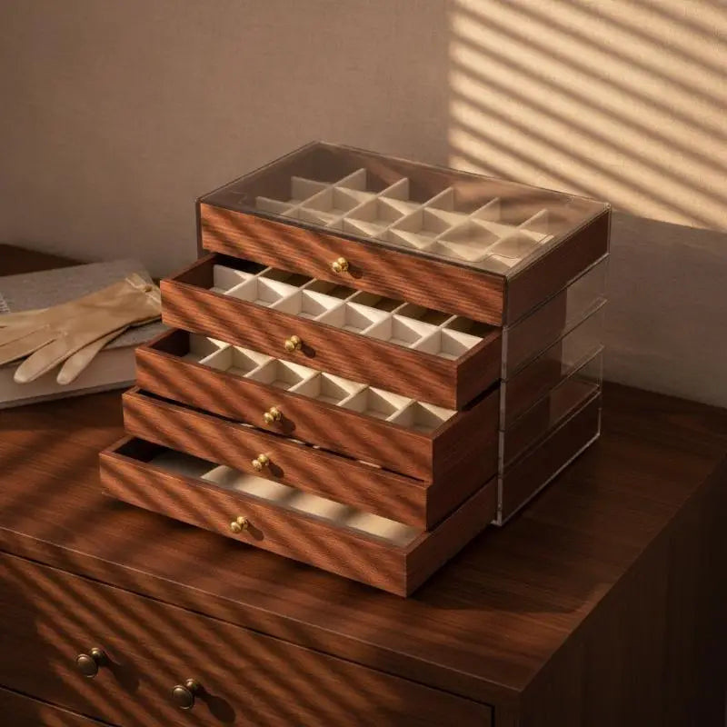 boîtes bijoux marron foncé texture bois moderne poignées dorées compartiments multiples rangement bijoux