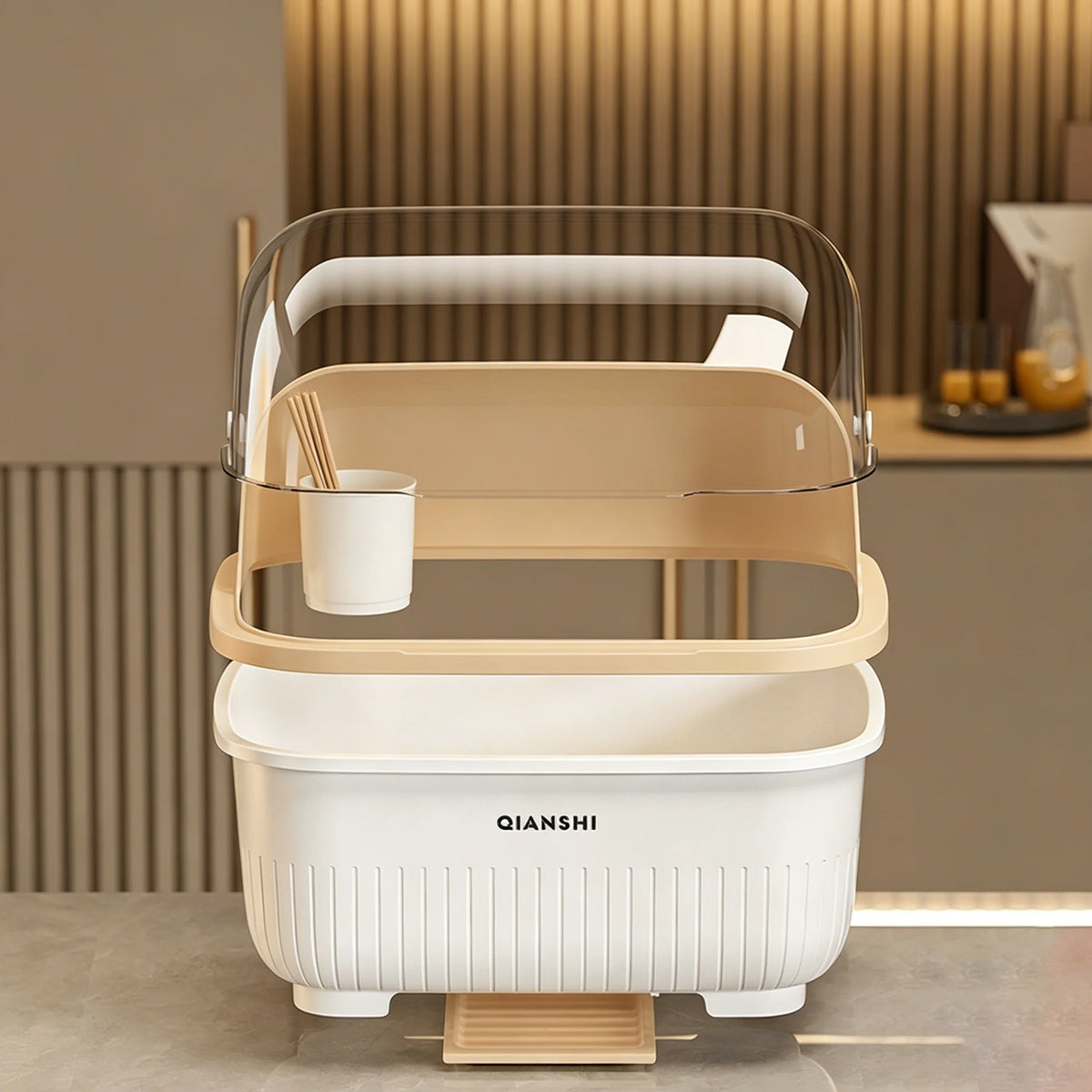 organisateur vaisselle blanc beige violet moderne drainage assiettes bols cuillères tasses rangement hermétique multifonctionnel