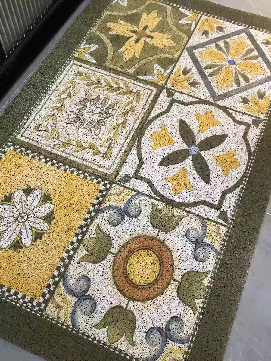 tapis extérieur antidérapant imperméable résistant bactéries motifs floraux couleurs classiques vert olive blanc