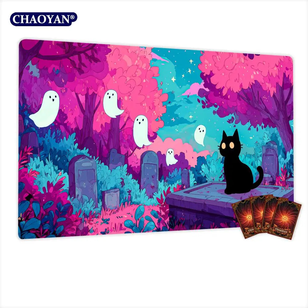 tapis jeu 60cm 35cm caoutchouc antidérapant fantômes arbres tombes chat noir violet rose bleu