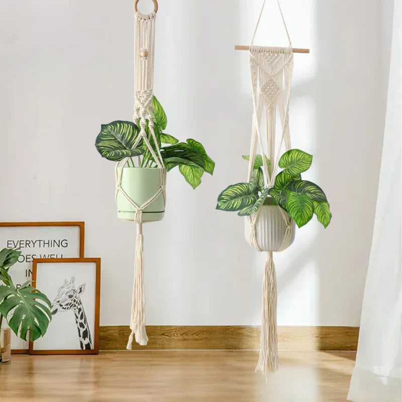 panier suspendu macramé motif géométrique boho chic couleur beige plante incluse fixations decoration maison
