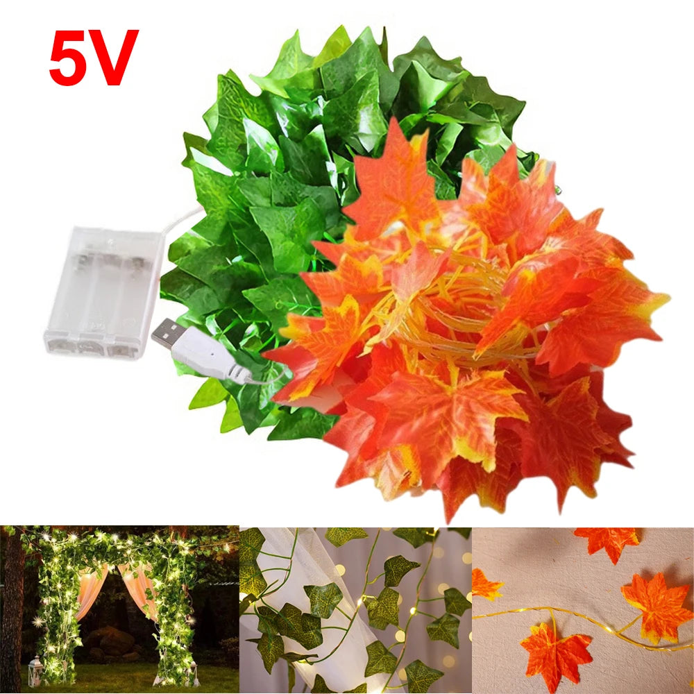 guirlande lumineuse feuilles vertes feuilles oranges batterie usb blanc chaud bleu rouge