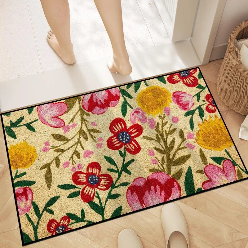 tapis d'entrée multicolore fleurs papillons texte hello moderne antidérapant extérieur 40x60cm