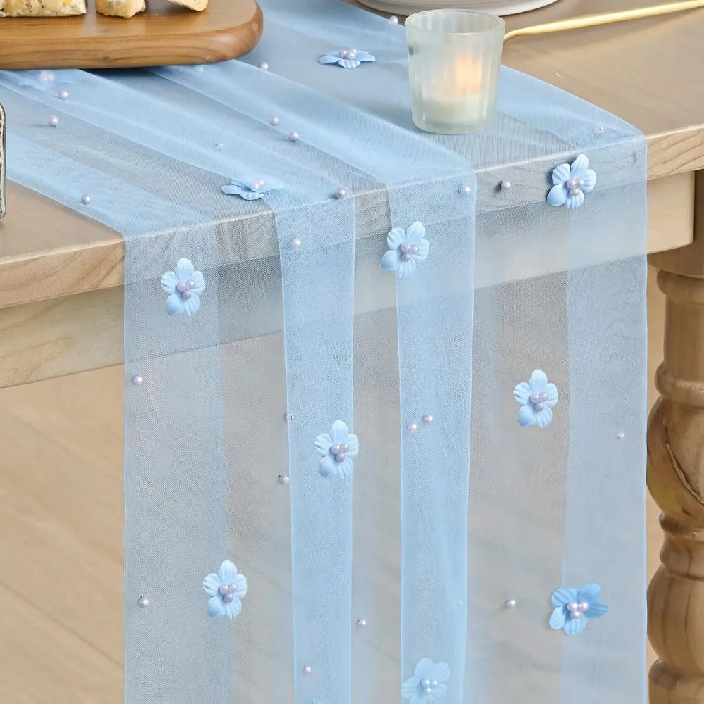 nappe tulle transparente motif floral 3d rose bleu vert blanc festive mariage