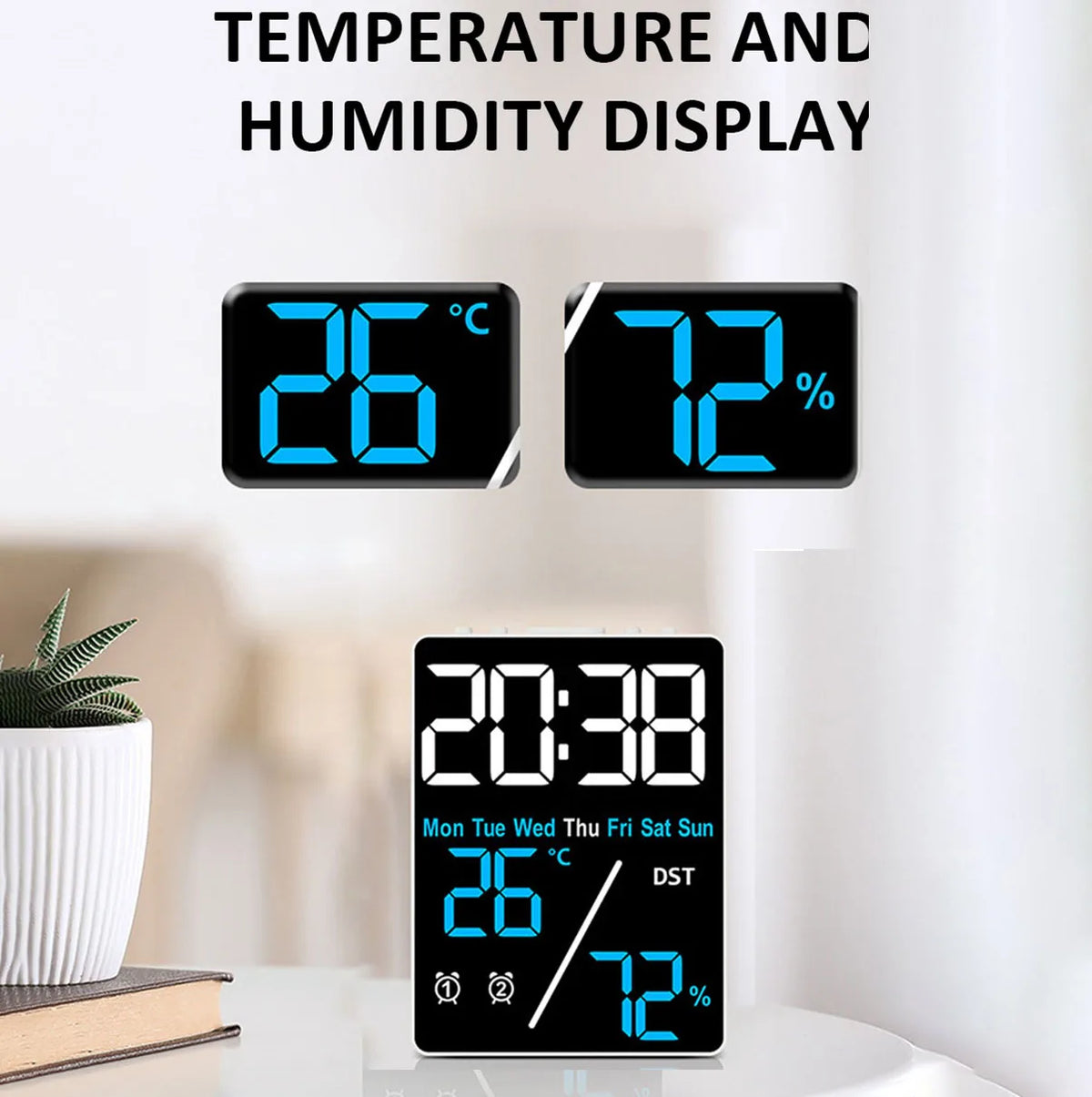 horloge numérique moderne affichage heure jour température humidité alarme rechargeable noir blancécran led
