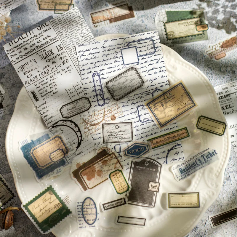 sticker vintage lettres timbres graphiques opaques adhésifs scrapbooking diy journal nostalgie 80x125mm 16pcs