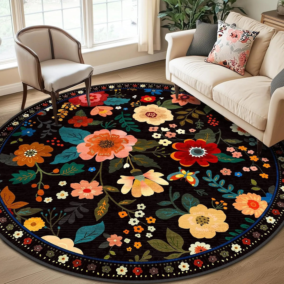 tapis rond moderne fleurs colorées noir orange bleu salon chambre extérieur 80x80cm 120x120cm polyester