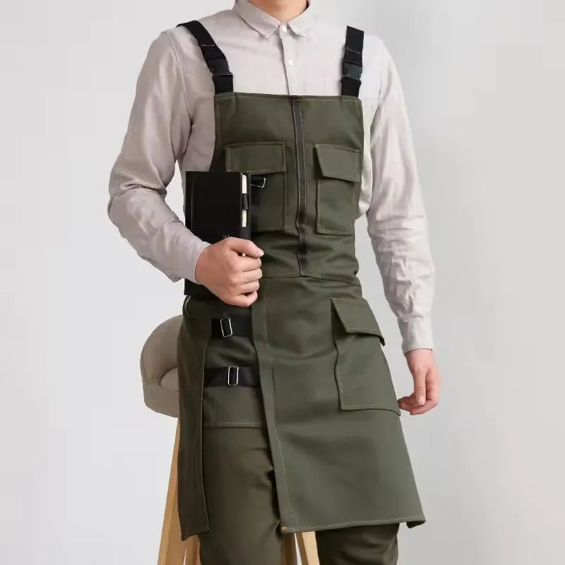 tablier toile coton vert olive noir marron pratique boucles métalliques poches ceinture ajustable utilitaire