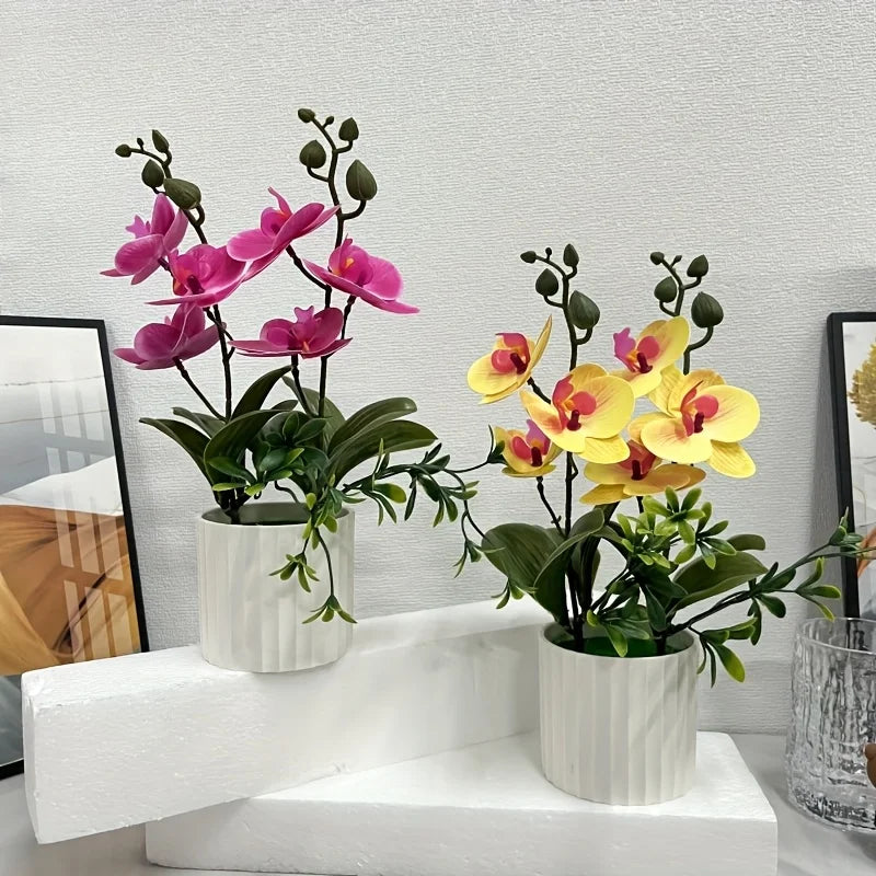 orchidées artificielles violettes jaunes pot moderne feuilles vertes intérieur décoration fleurs artificielles