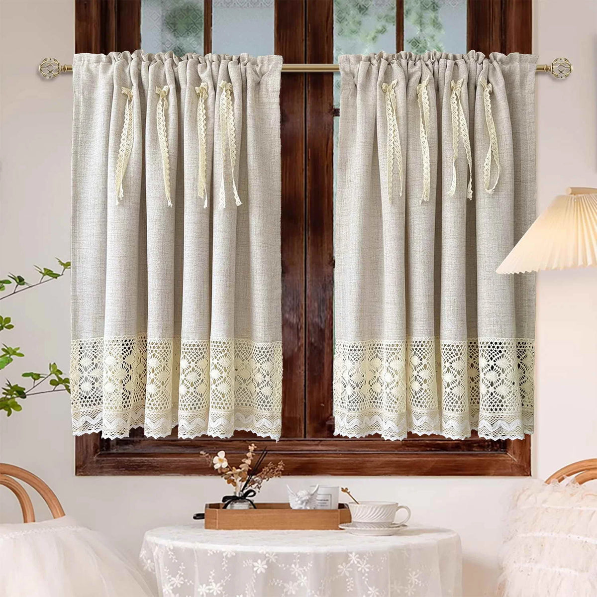 rideau polyester opacité beige clair texture lin bordure dentelle classique rustique