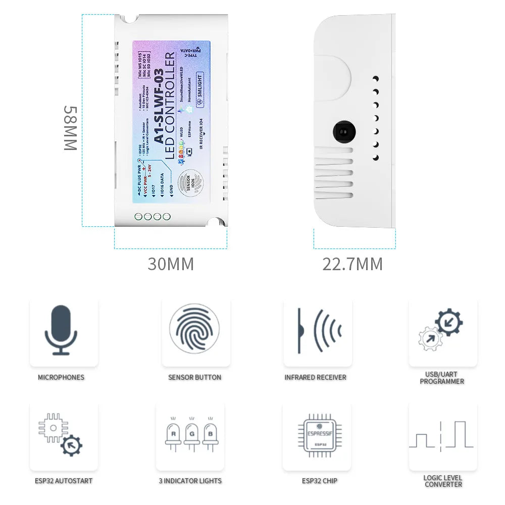 contrôleur led wifi esp32 mic rgb ic pixels ws2812b ws2811 ws2813 ws2815 blanc moderne