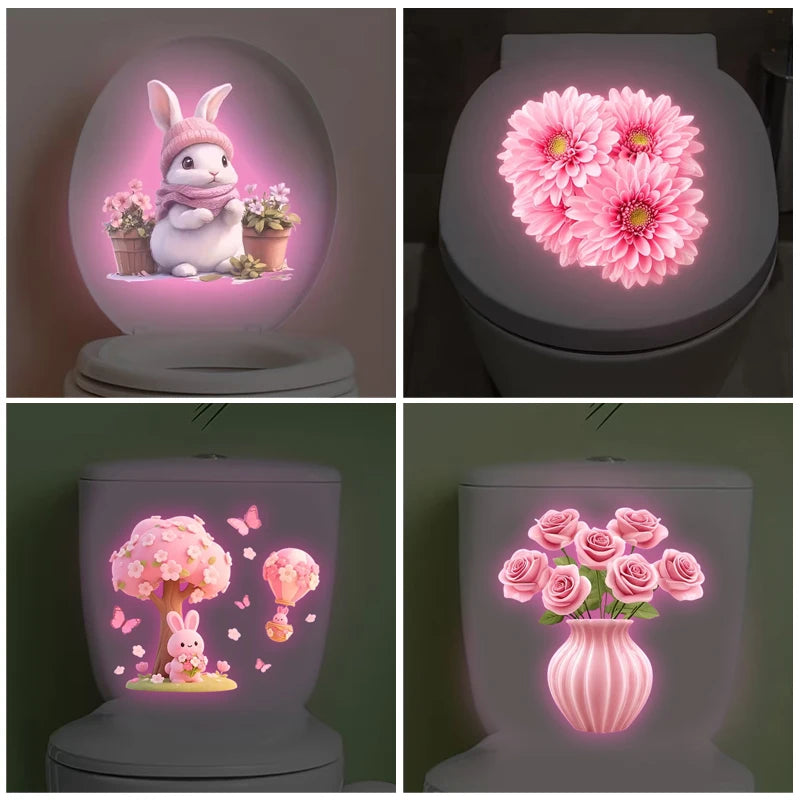 sticker adhésif mur toilette motif lapin fleur brillant nuit décoration maison salle bain