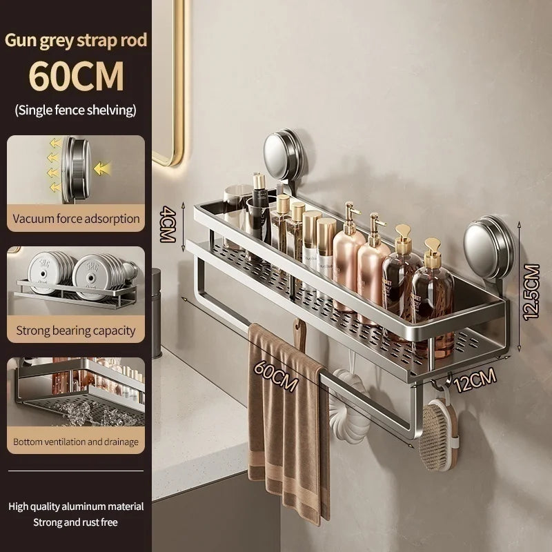étagère murale perforée moderne adhésif gris miroir porte serviette accessoires rangement salle bain