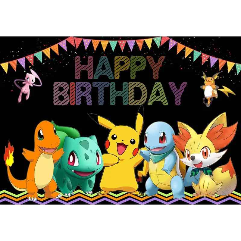 décoration anniversaire enfant pikachu happy birthday fond illustration vinyle poster Jaune Bleu