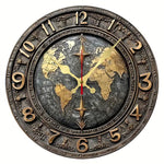 horloge murale vintage carte monde boussole bleu doré aiguille silencieuse salle manger