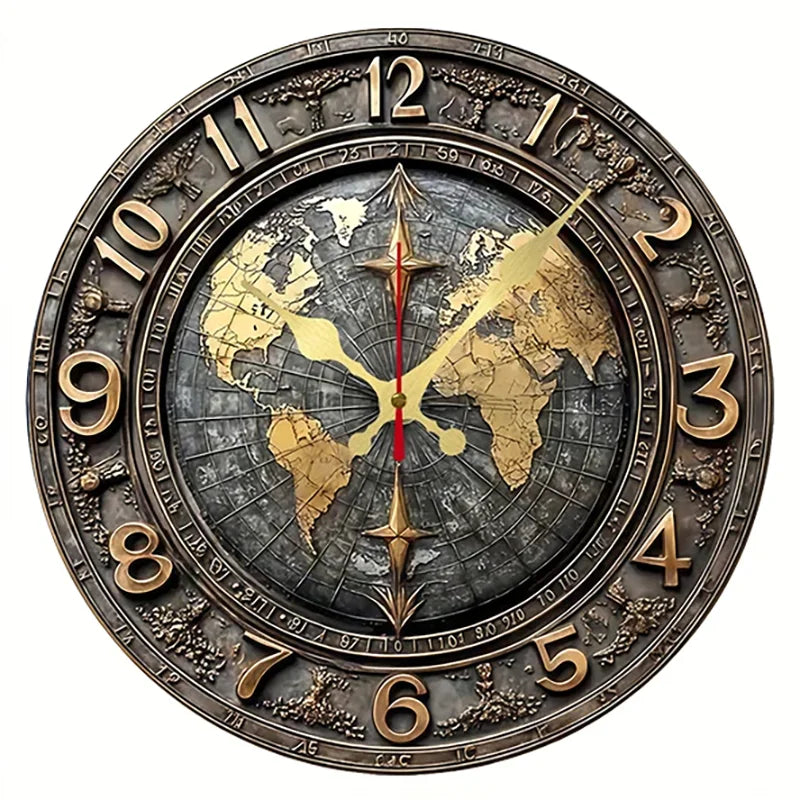 horloge murale vintage carte monde boussole bleu doré aiguille silencieuse salle manger